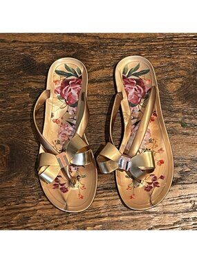 Ted Baker Jelly Thong Flip Flop Sandals Womens 39/8.5 Floral Insole Bow Copper